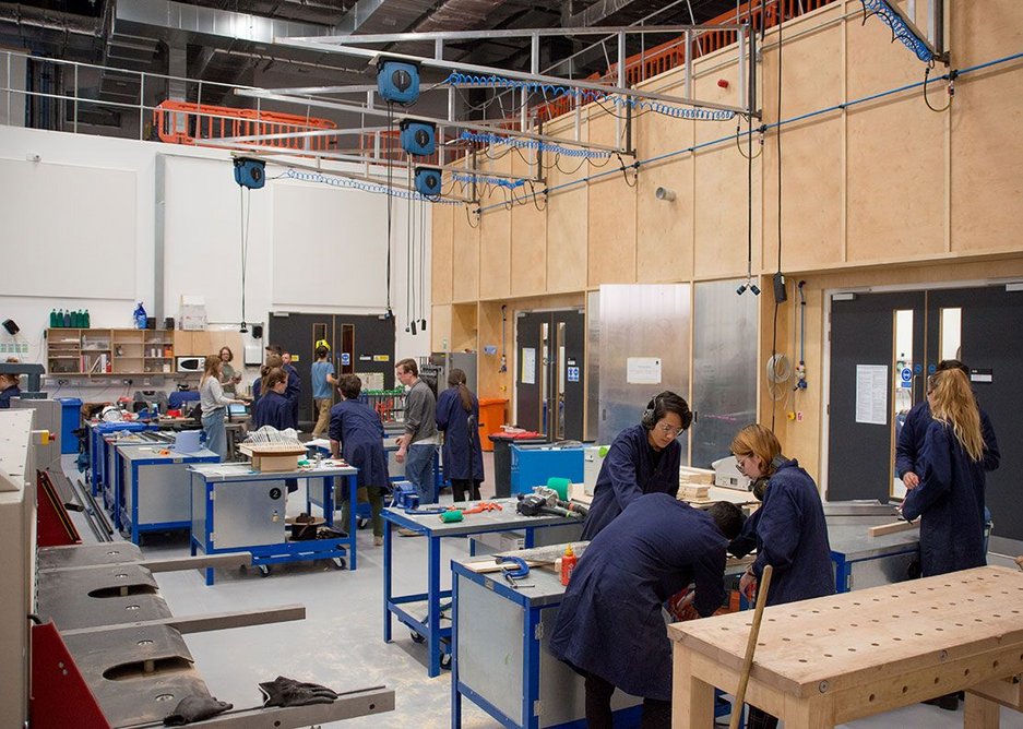 Students at the work benches.