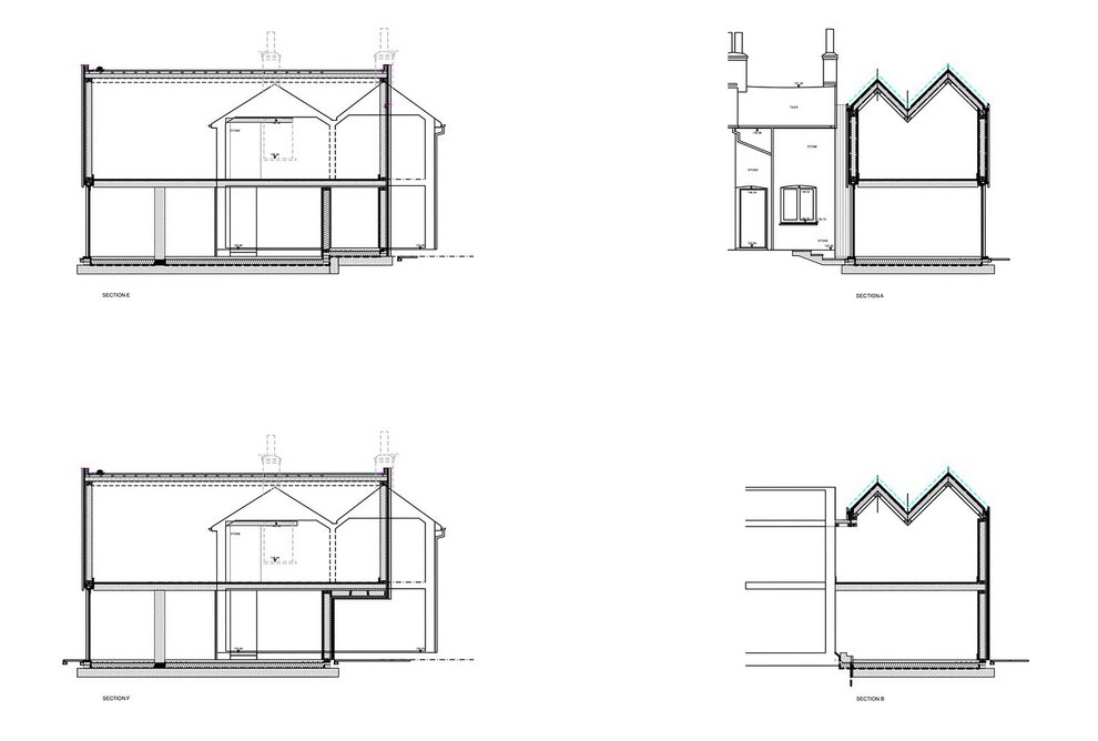 Plans and sections of the remade cottage and its addition.