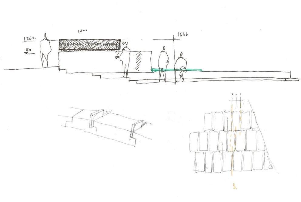 Early sketch of the bridge to the National Portrait Gallery’s new entrance. Below, the learning centre opens onto a perimeter courtyard.