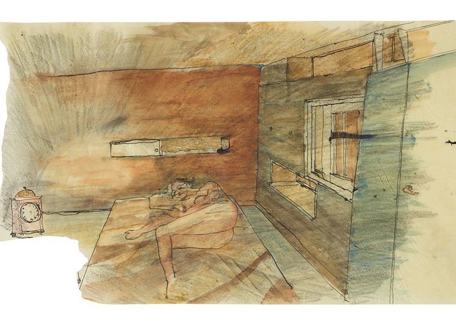 Salter’s ‘Twilight bedroom with the brass clock’. Window positions allude to possible human ones.