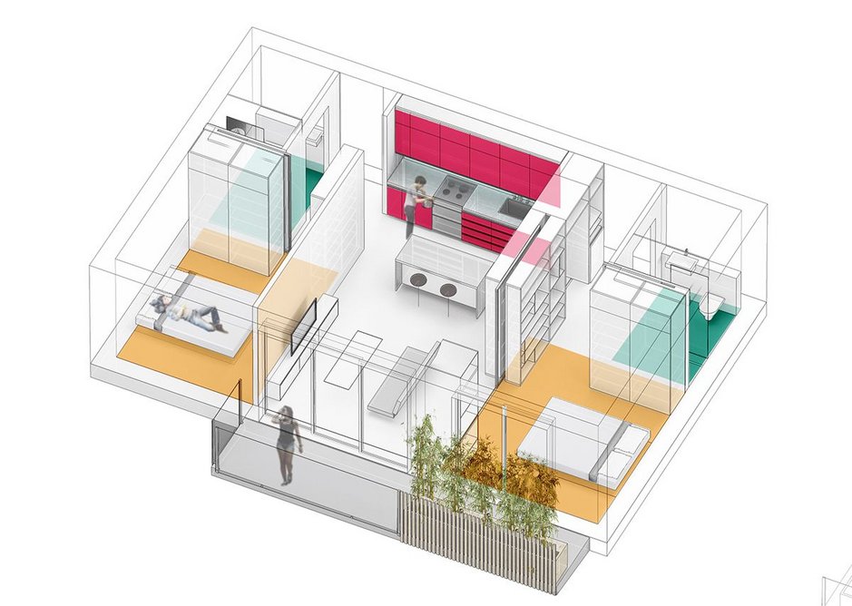 Weston Williamson concept for two bedroom living space of just 52sqm for sharers for Pocket Living