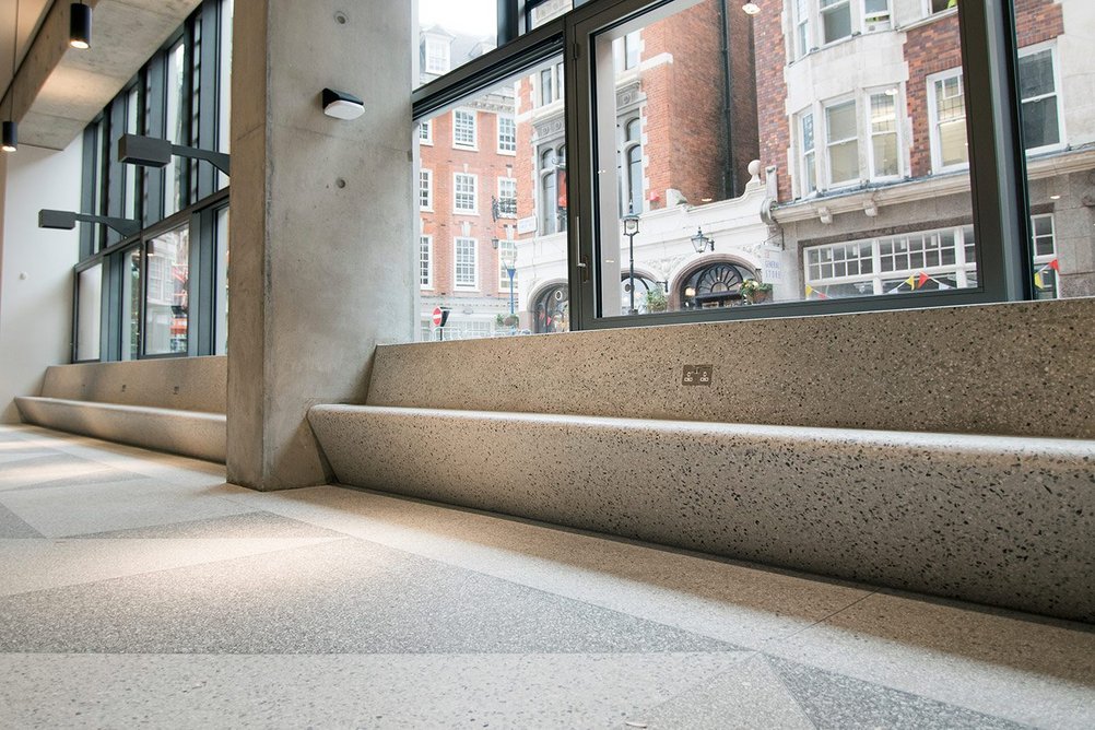 LSE's Marshall Building by Grafton Architects. Lazenby's Terrazzo benches run to nearly 30 metres.