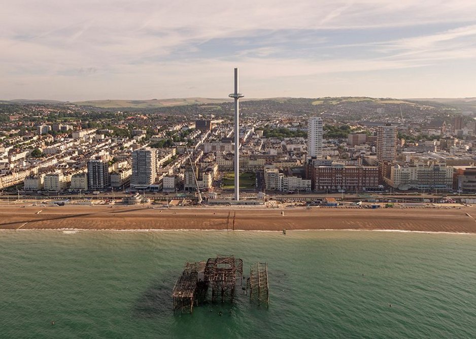 Drone image of British Airways i360 with the city and South Downs beyond.