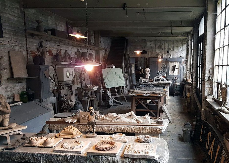 One of the workshops at the studio of Ernest Salu. The backyard overlooks the Laeken Cemetery.