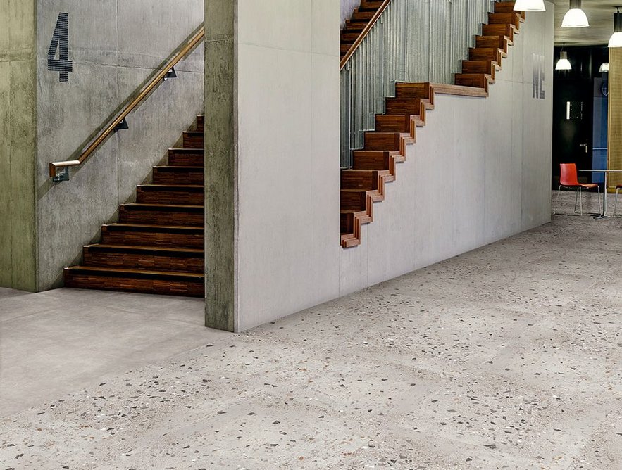 Amtico Spacia Elemental Terrazzo in SS5S2610 Capri and co-ordinating SS5S2612 Villa Concrete, both 36x36in luxury vinyl tiles laid in uniform tile pattern.