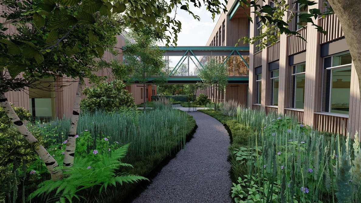 Render of GenZero secondary school, designed by Lyall Bills & Young Architects and Ares Landscape Architects. Planting makes the most of the run-off from heavy rainfall and contributes to a biophilic design.