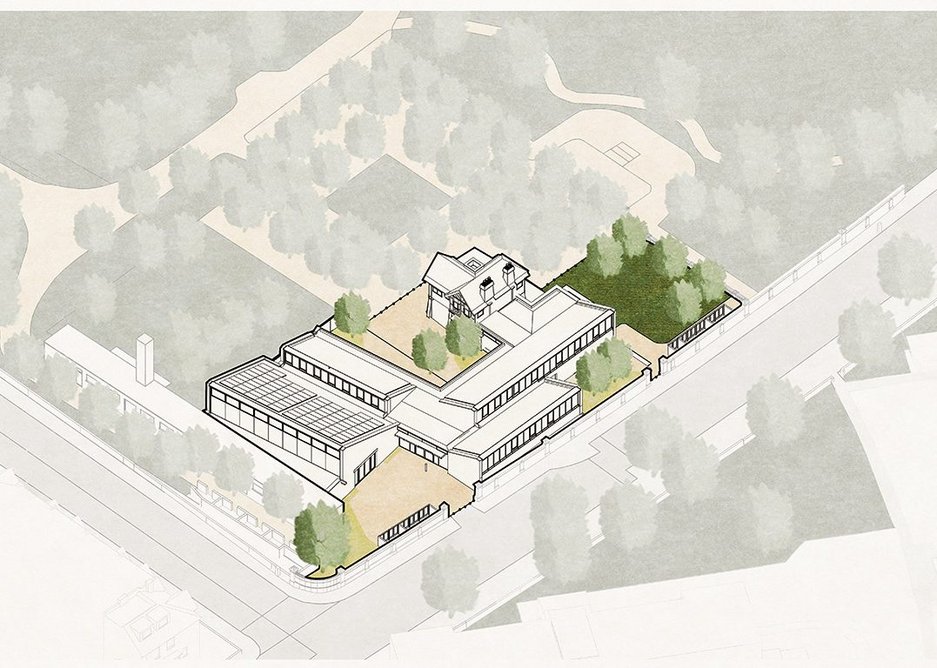 Site axonometric showing the relationship of the entrance to the outer and inner courtyards.