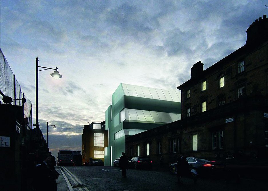 Visualisation of the two buildings lantern-like at dusk looking up Dalhousie Street, and marking out the school’s new campus approach.
