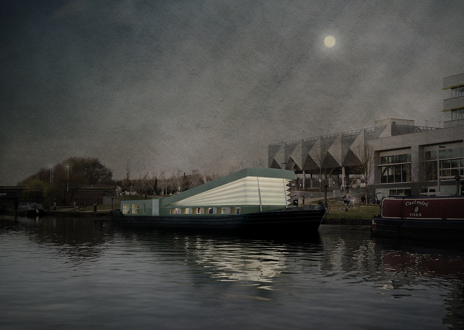 Evening perspective of Floating Church, designed by Denizen Works for the Diocese of London.