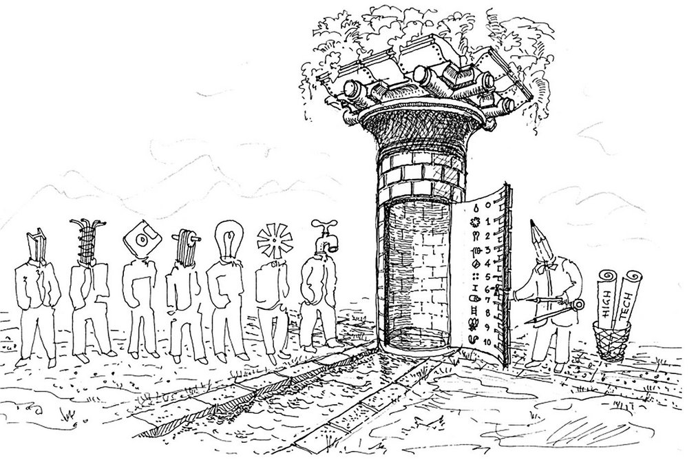 ‘Said the Spider to the Fly’ – 1995 cartoon by Outram in which the pencil-headed architect bins high-tech and invites all the structural and services elements into his ‘Robot Order’ column.