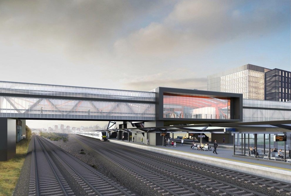 Visualisation of Brent Cross West Thameslink station from the tracks.