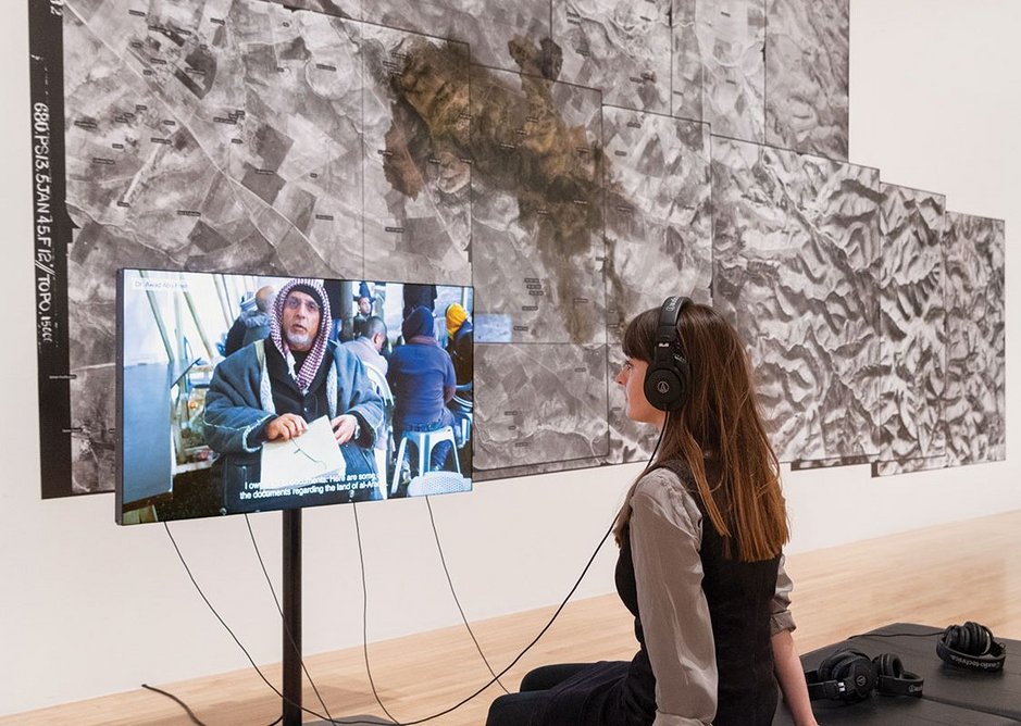 The Long Duration of a Split Second: Traces of Bedouin Inhabitation 1945-present, Negev/ Naqab, Israel/ Palestine, Investigation 2015-ongoing, video, aerial images, text. Turner Prize 2018 exhibition installation view.