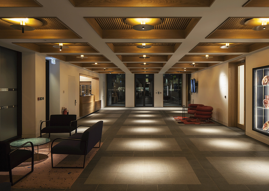 Bespoke light fittings create the dappled lighting in the main reception.