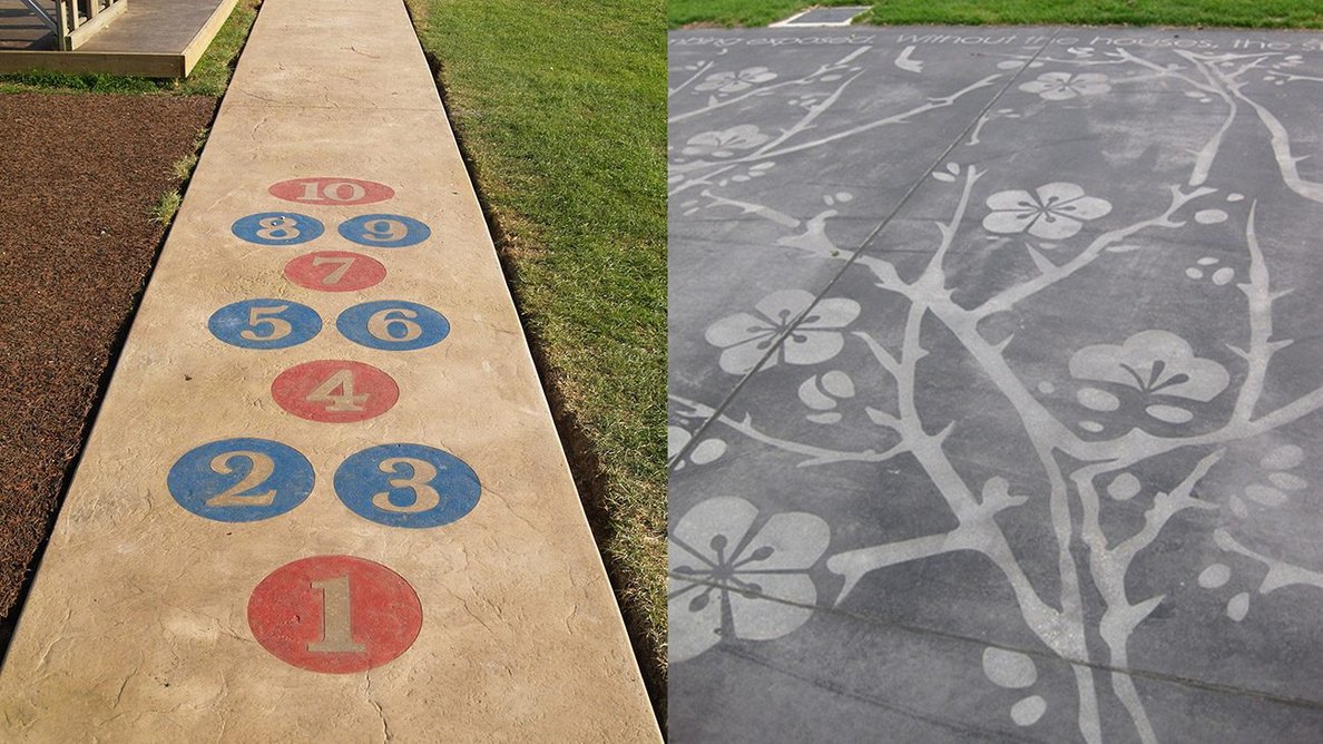 Lazenby external concrete with chemical stained and acid etched designs.