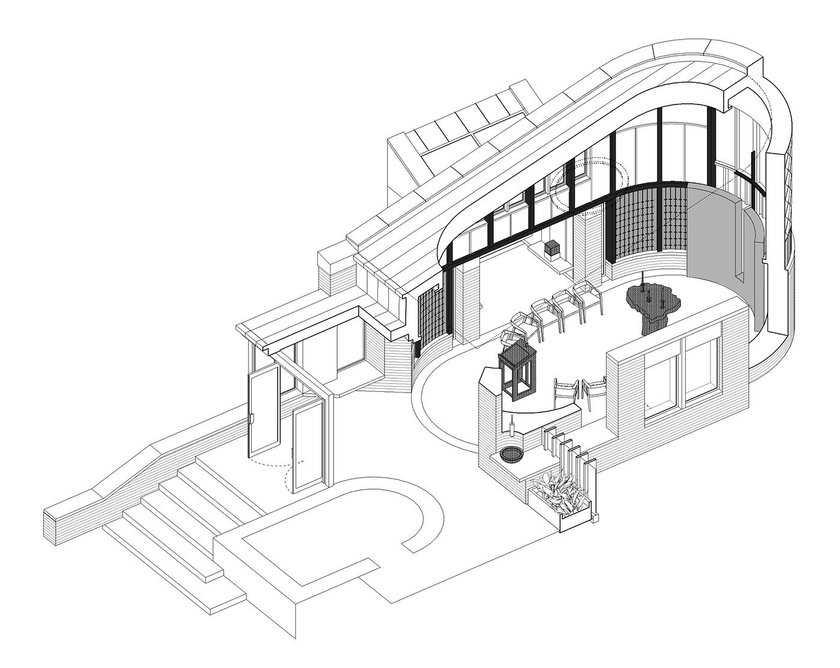 Axonometric drawing of chapel with the small side chapel on the north side.