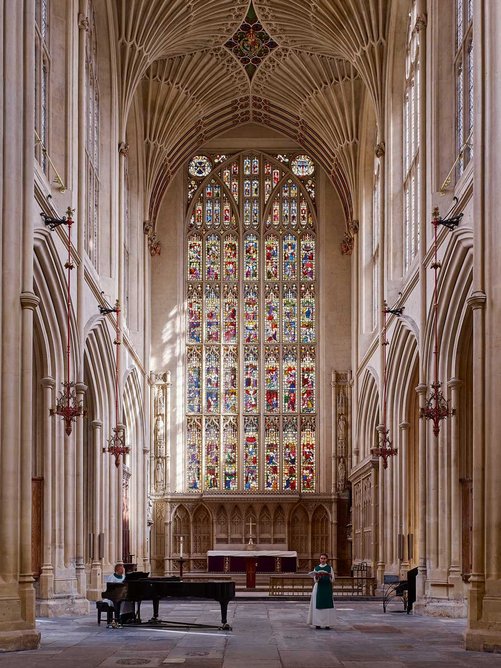 Abbey chancel, with refurbished floor and lights.