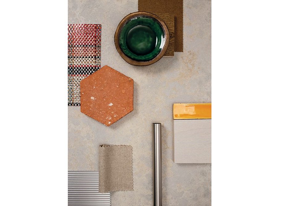 Primordia engineered quartz: raw terracotta tiles add an organic accent, brighter shots of colour reveal contrasts and glazed ceramics add richness and warmth.