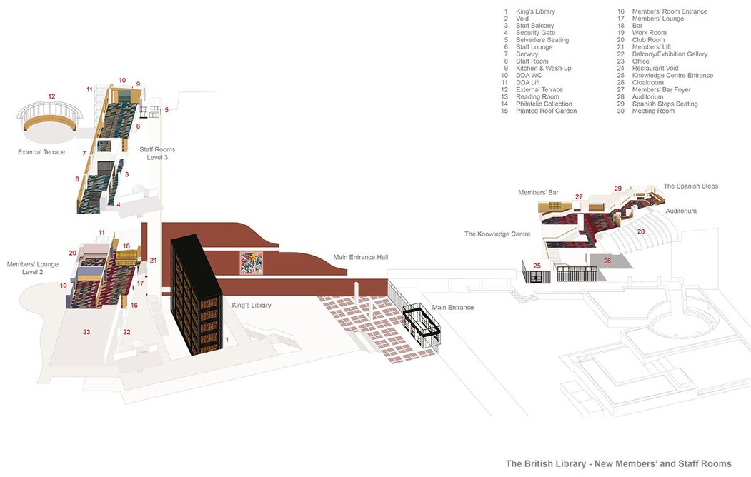 Axonometric of De Matos Ryan’s Members Rooms at the British Library. The carpet, designed in collaboration with Govindia Hemphill, is used across two levels in different variations and colourways.