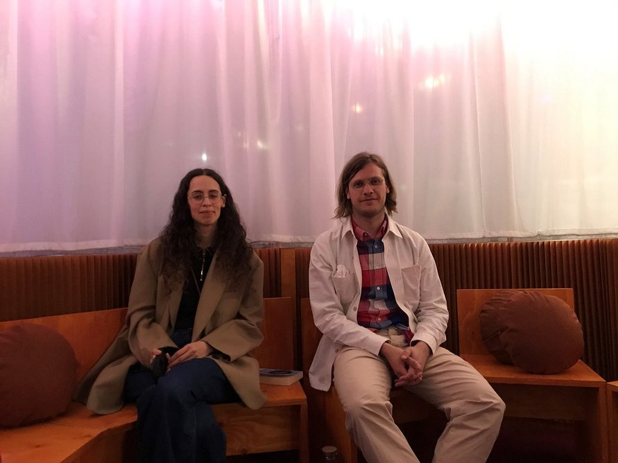 Assemble's Dr Jane Hall and Anthony Engi Meacock sit in their 'Reflection Space'.