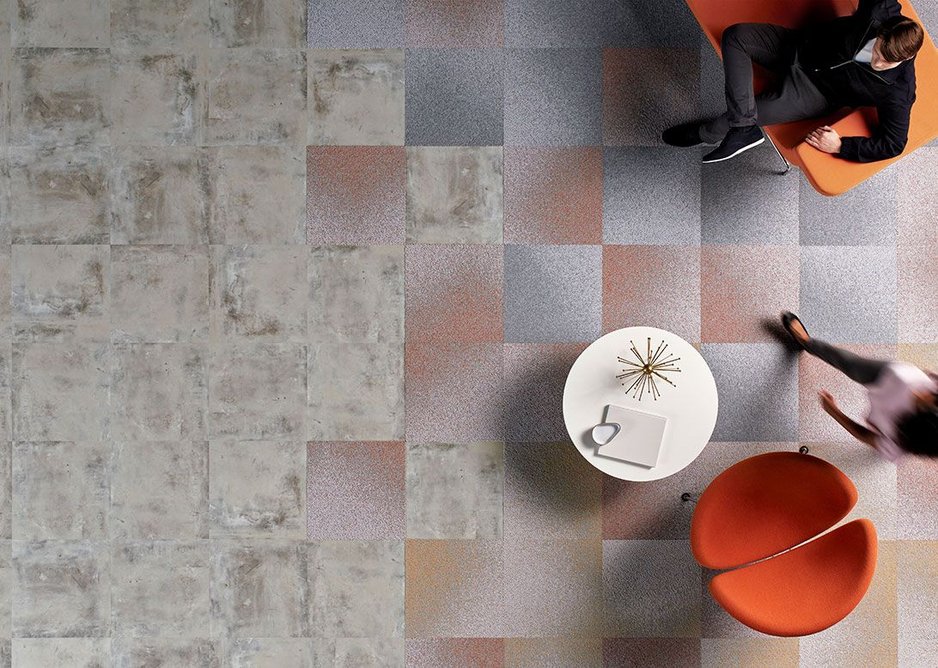 Level Set LVT flooring in Cool Polished Cement with Radial carpet tiles in Rays, Signal and Vertex.