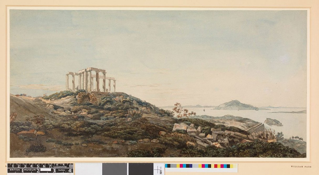 William Pars: Temple of Poseidon at Sunium, 1765. Pen and brown and black ink and watercolour, some gum arabic © The Trustees of the British Museum