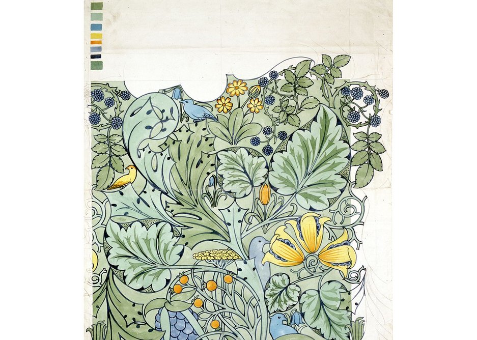 CFA Voysey, Design for a wallpaper or textile showing birds among flowers.