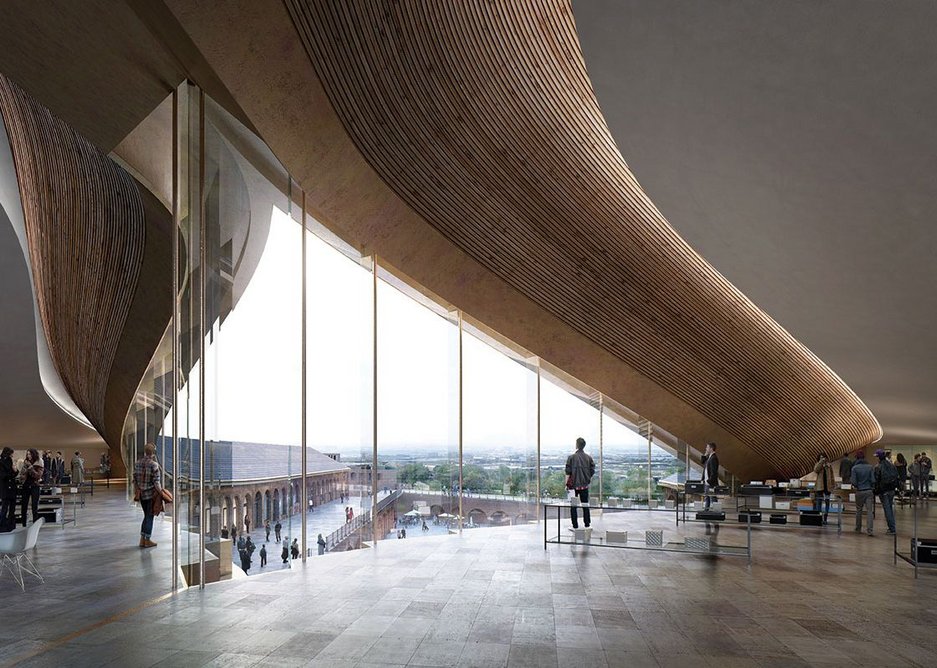 Internal visualisation of the space under the kissing roof with undulating oak boards.