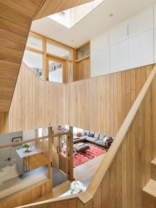 Prewett Bizley Architects, mews house deep retrofit, view of stair and hallways.