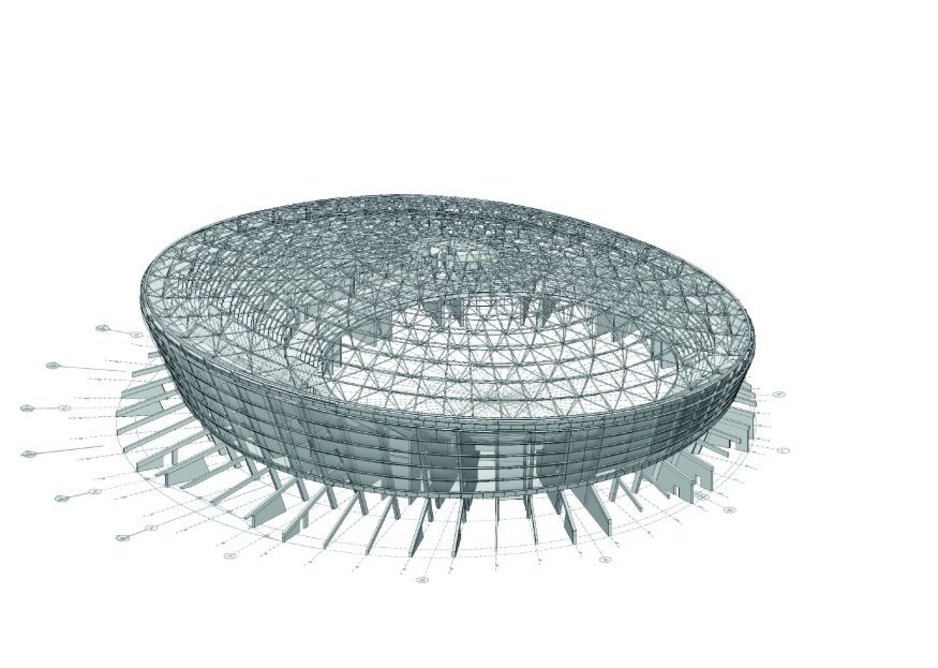 Image showing the main concrete structural fins, seating and steel dome in place above it.
