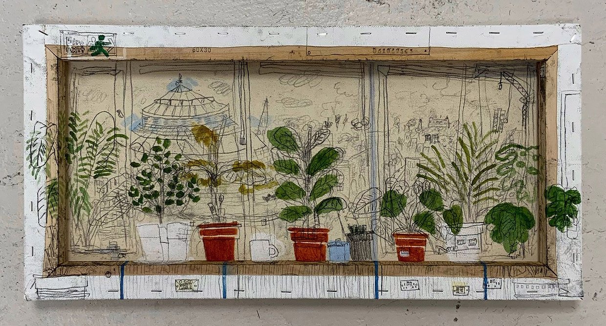 Plant Corridor. 300mm x 600mm x 40mm Acrylic and Monotype on Canvas