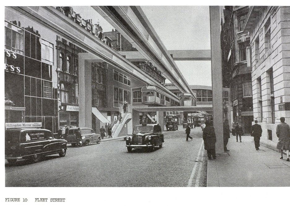 Image of Fleet Street taken from a 1967 Greater London Council report on the feasibility of introducing monorails in Central London. © London Metropolitan Archives (City of London).