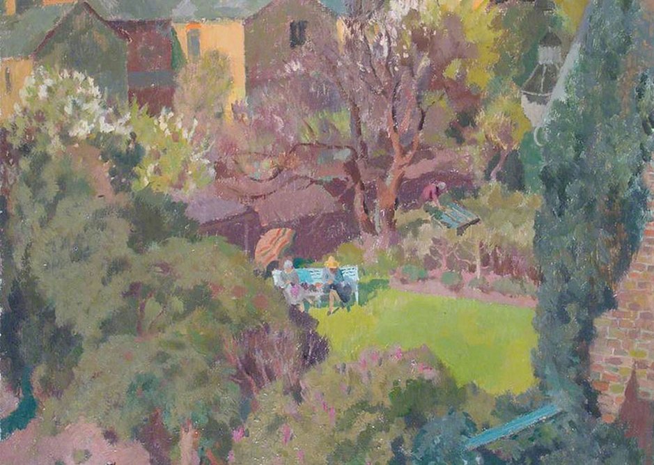 In the Garden, Henry Hoyland c.1930.  Two women overlooked from the neighbouring property.