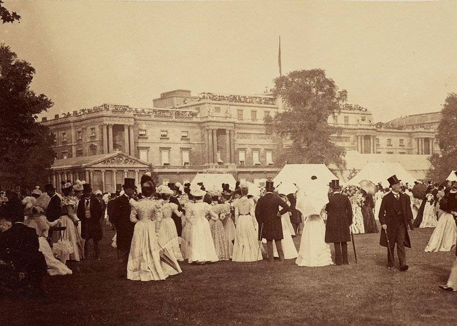 Historically, external shading devices such as awnings prevent direct heat gain from sunlight but allow natural daylight. Here Buckingham Palace is shown with awnings drawn on the day of Queen Victoria’s Diamond Jubilee Party in 1897.