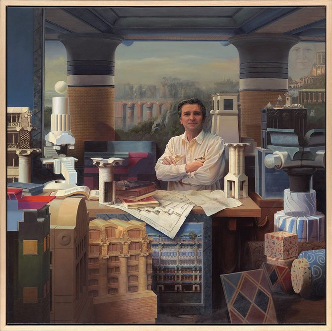 Outram in a 2004 capriccio of his work, ‘Stream of Consciousness’:  painting by Carl Laubin
