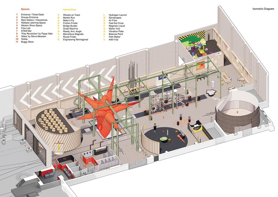 Isometric of De Matos Ryan’s Wonderlab gallery at the National Railway Museum in York, the first project the practice collaborated on with graphic designers LR+.