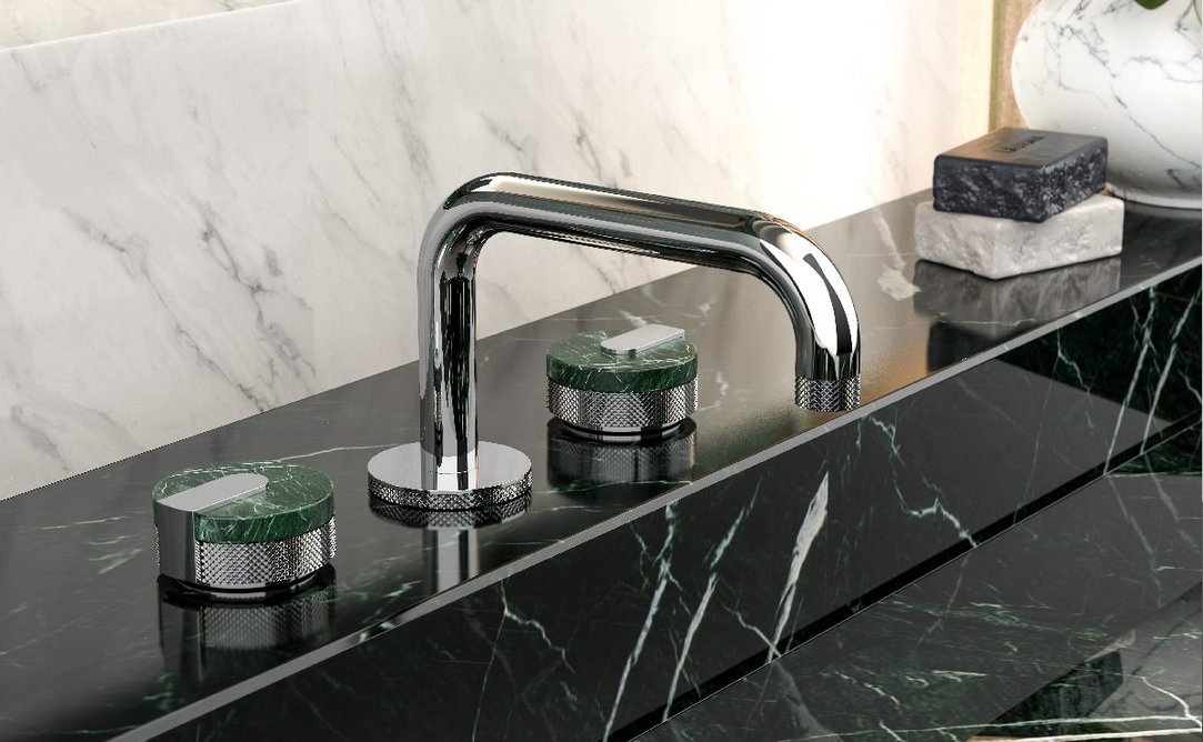 Graff Designs MOD+ mixer with handle detailing in Forest Green Marble.