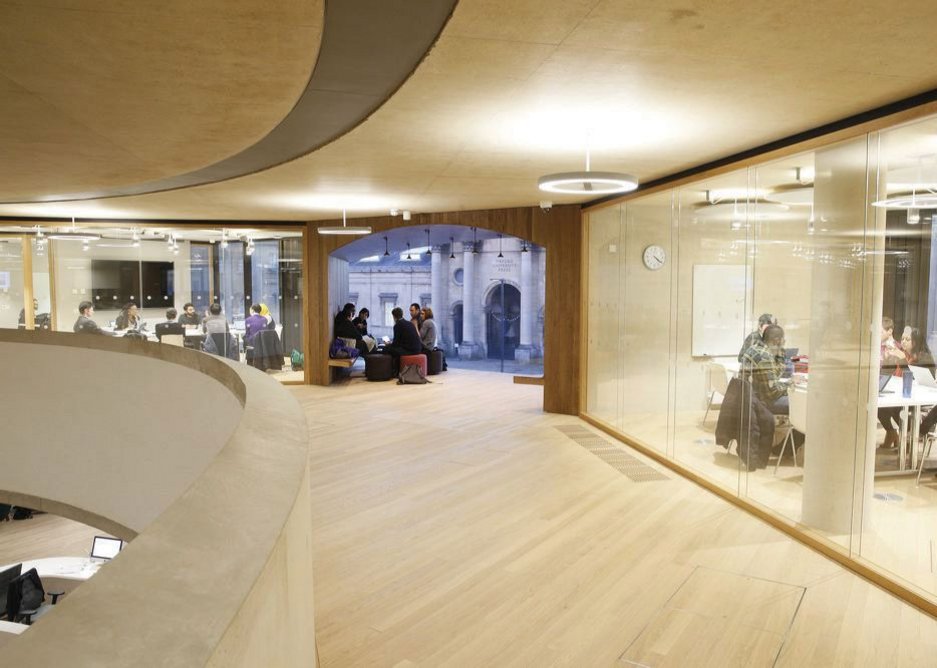 A breakout space behind of the largest single sheets of glass in Europe gives students a fine view to the OUP’s 1830 neoclassical facade; this feels like a really nice office building.