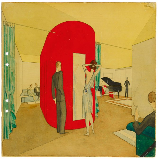 Interior perspective , Stockholm Exhibition,  rental apartment No. 2, watercolour and pencil on cardboard, ca. 1930, 30 × 30 cm, ARKM.1973-05-04818.