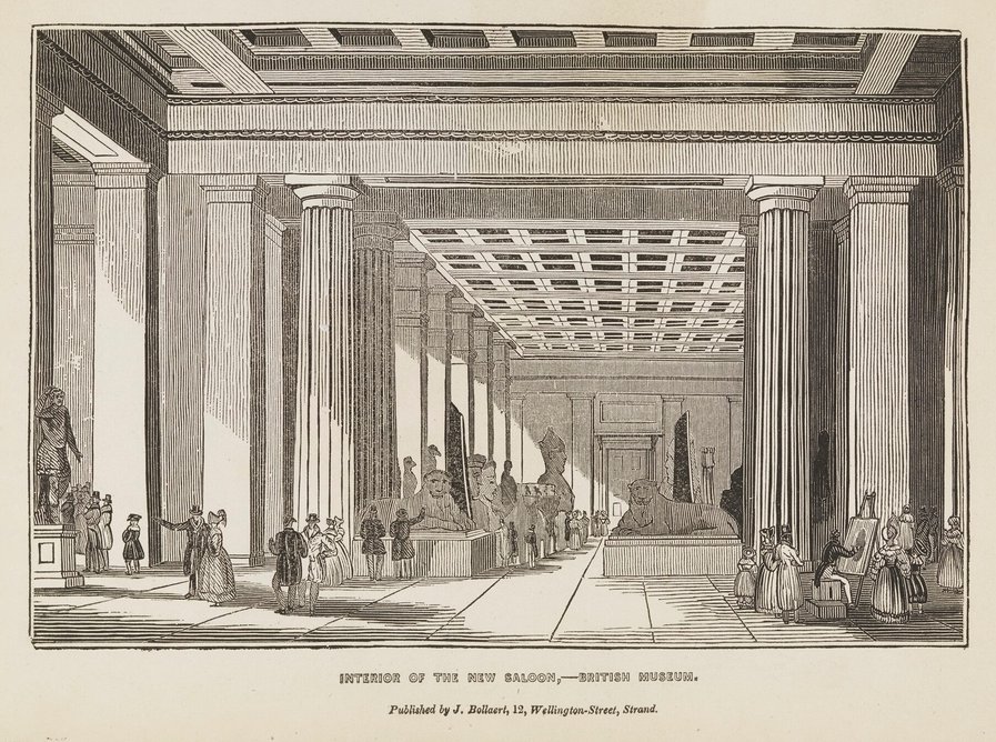 British Museum, Bloomsbury, London: Central and Egyptian Saloons, 1831 print. ‘Interior of the new saloon – British Museum. Published by J. Bollaert, 12, Wellington-St, Strand’.