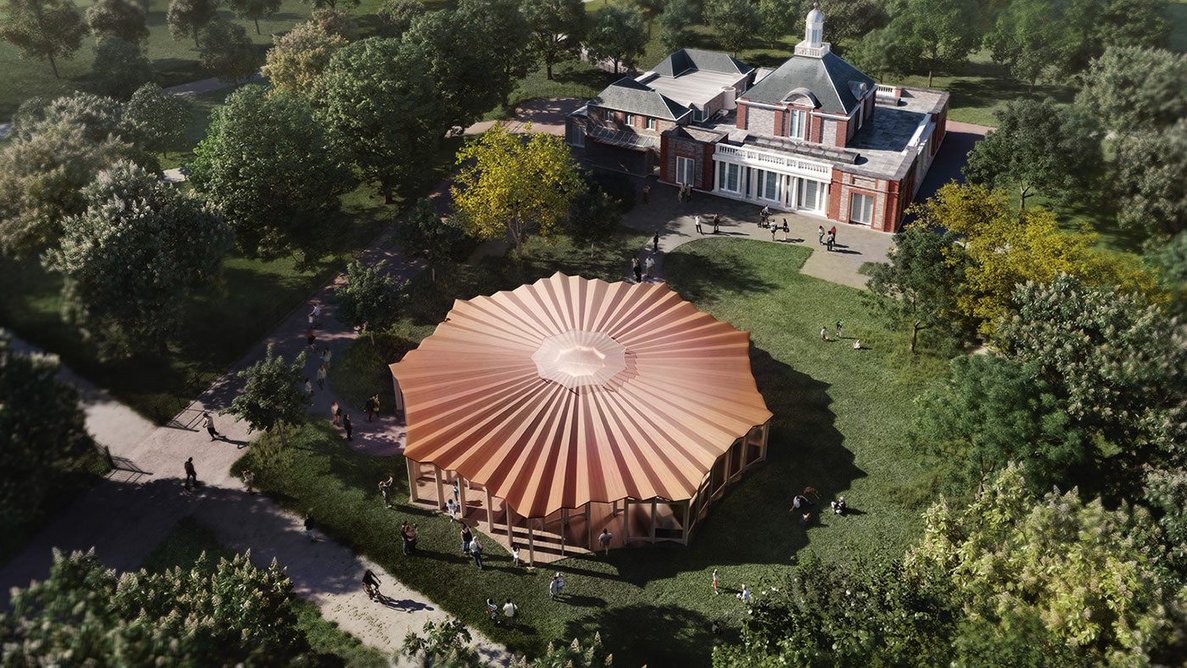 The Serpentine Pavilion 2023 design is shaped to avoid the surrounding tree canopies and roots, becoming structured like a leaf.