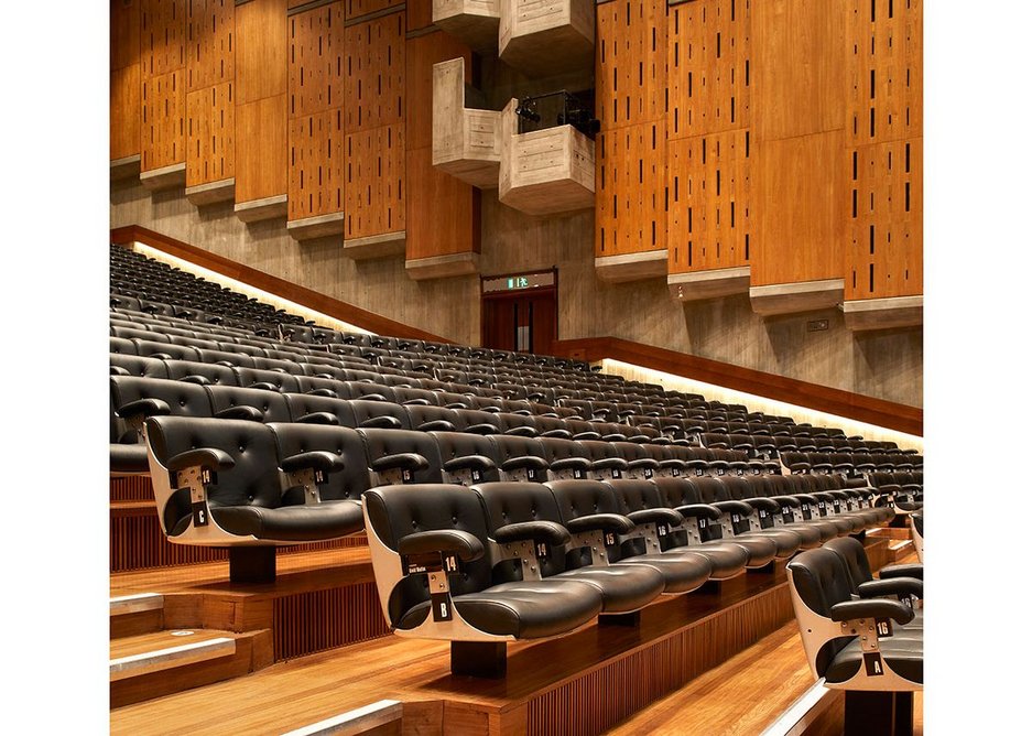 The Queen Elizabeth Hall refurbishment included new seat riser air supply grilles, reupholstered seating and French polished timber linings.