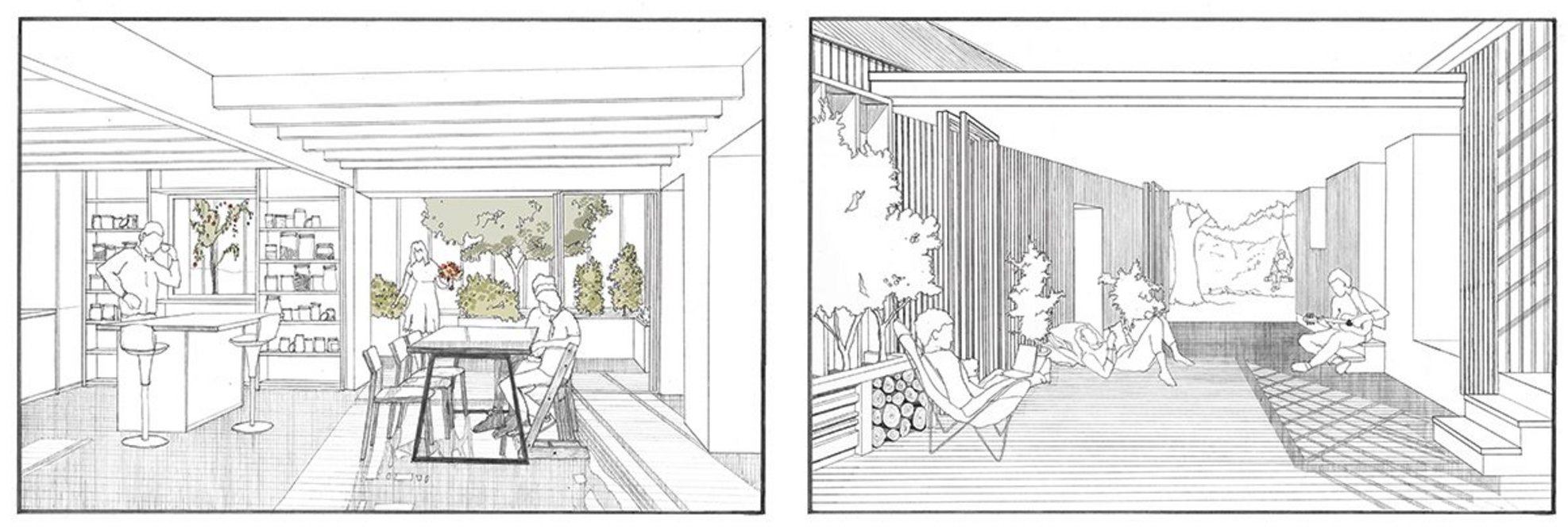 Exterior spaces provide sheltered space for relaxing and/ or working. The timber units are large and offer views to the landscape.