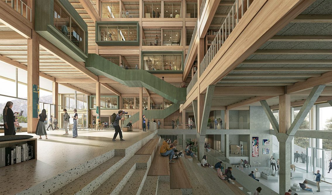 New Harstad High School, Harstad, Norway, C.F. Møller Architects, 2023–26. Concrete base accommodating studies and heavy machinery with timber structure above – the goal is to become energy-plus.