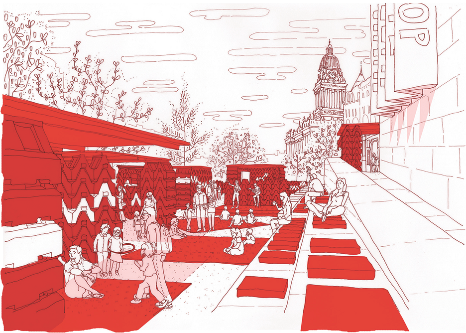 An early project, Redscape, a landscape and pavilions for the reopening of Leeds Art Gallery, using hired road barriers.