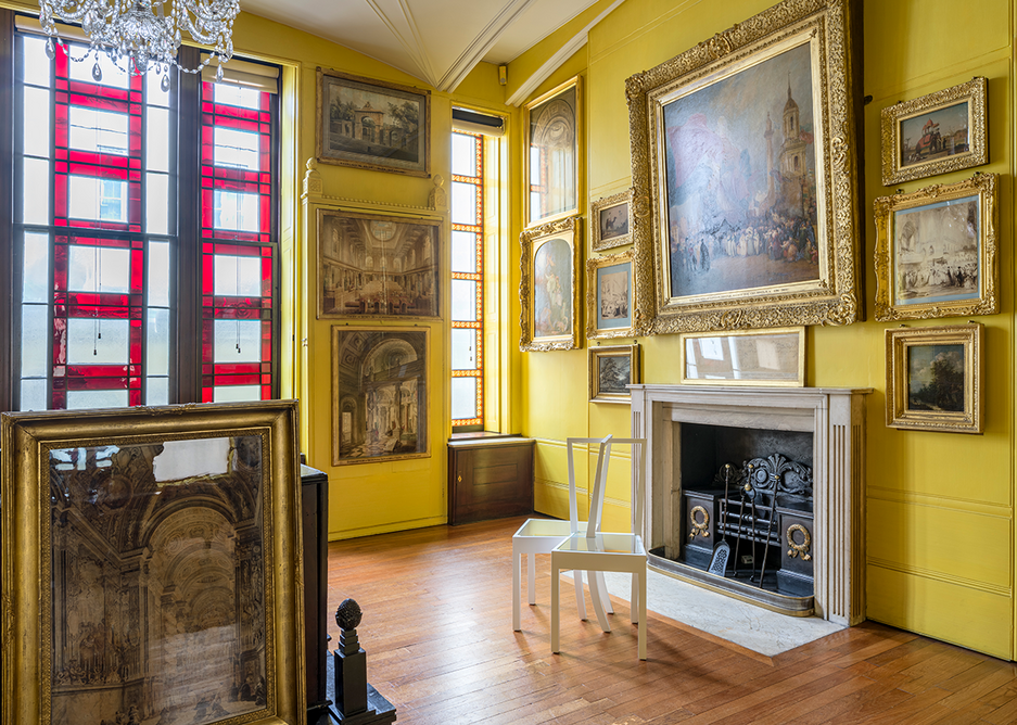 Installation view in the North Drawing Room of Interlocking Chairs, 1995 from Langlands & Bell - Degrees of Truth at Sir John Soane’s Museum. Private collection.