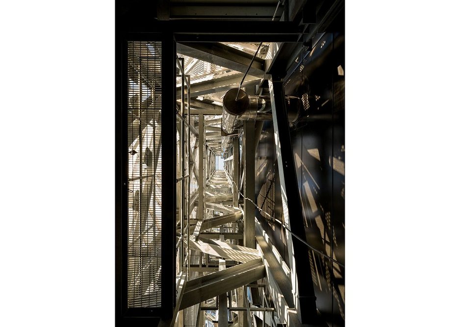 View up the flue tower showing the supporting steelwork structure.