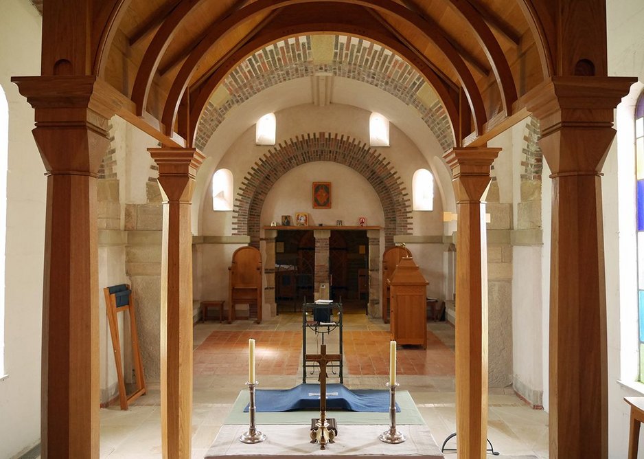 Looking back from the apse through the ciborium: all self-finished materials.