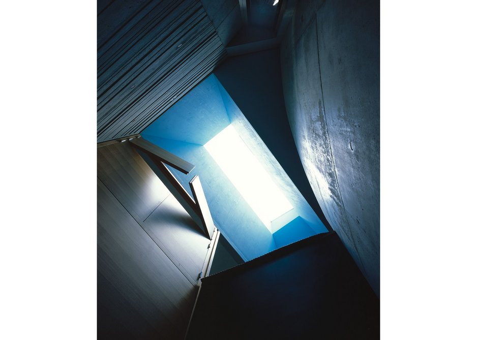 Looking up from House D’s basement hall space through the ground floor’s rooflight.