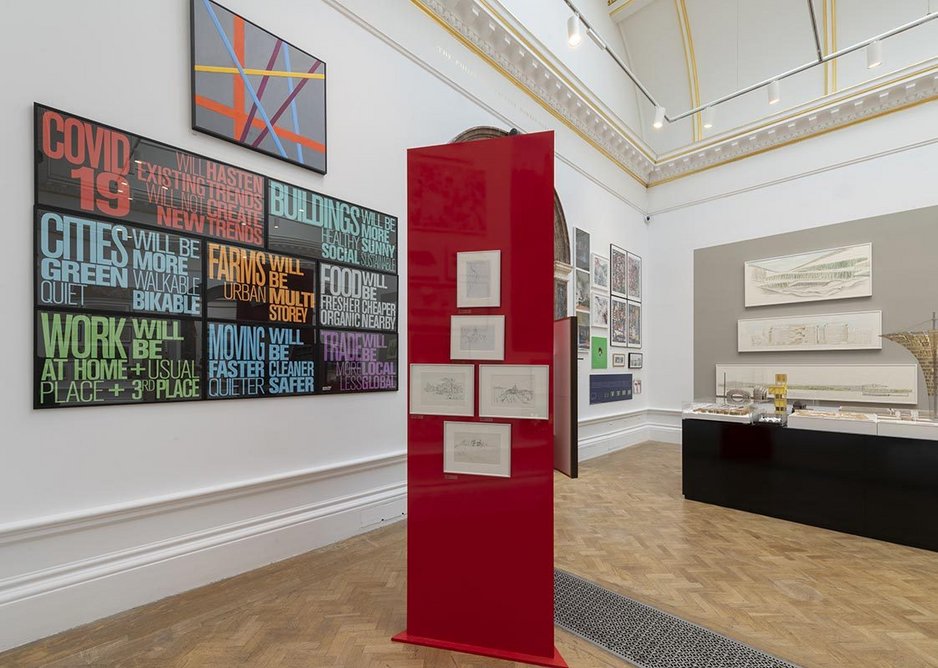 Royal Academy Summer Exhibition 2020 installation image with Norman Foster’s Covid-19 Message to the left.