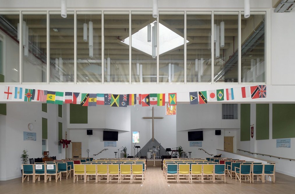 The double-height worship space and adjoining church hall can be combined for big events.